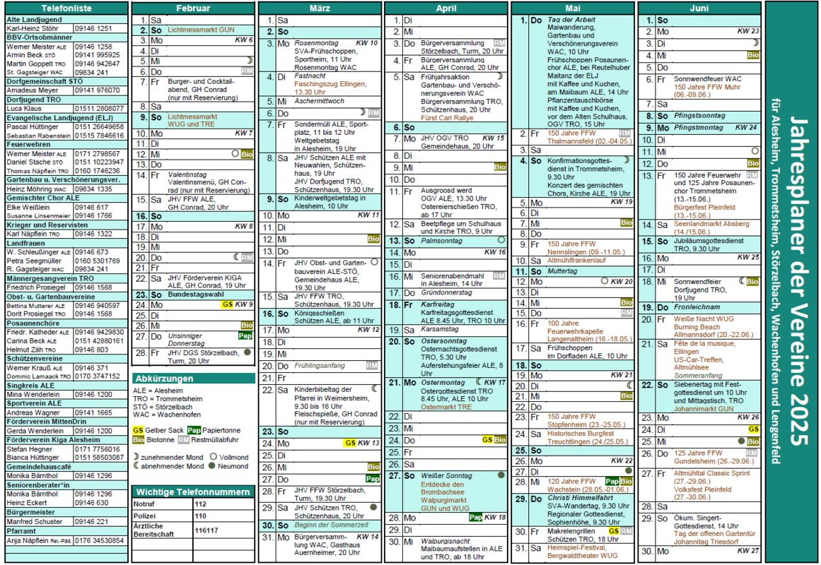 Jahreskalender der Vereine Jul.-Dez.